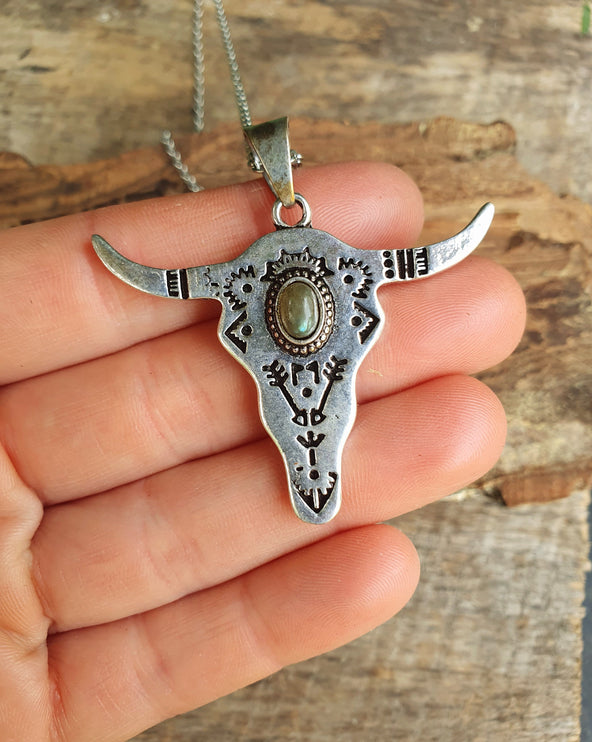 Silver Cow Necklace / Labradorite / Talisman / Native American / Third Eye / Hypoallergenic / Brass / Boho / Inca / Ethnic / Illuminati