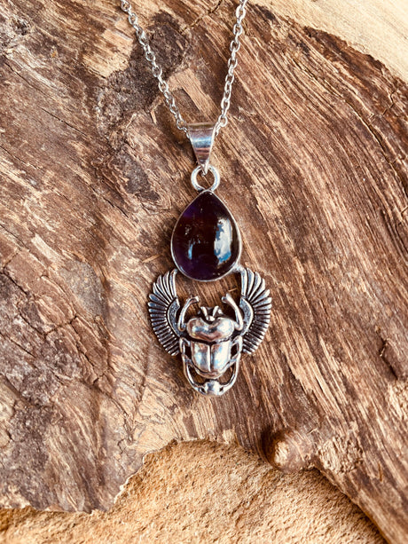 Silver Scarab Necklace / Amethyst / Talisman / Third Eye / Hypoallergenic / Brass / Boho / Inca / Ethnic / Illuminati