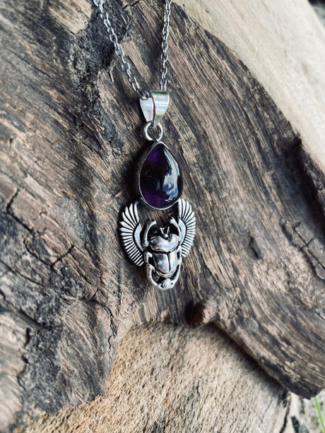 Silver Scarab Necklace / Amethyst / Talisman / Third Eye / Hypoallergenic / Brass / Boho / Inca / Ethnic / Illuminati