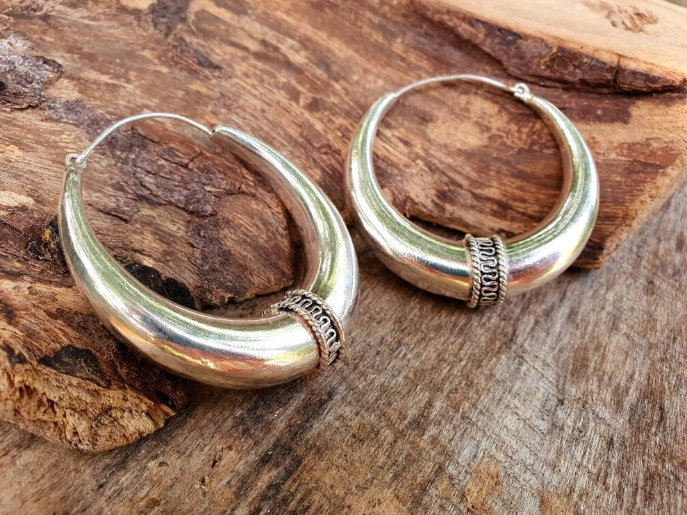 Extra Large Silver Tribal Hoop Earrings / Ear Weights / Ethnic / Rustic / Bohemian / Gypsy / Spiral / Hippie / Chunky / Festival / style