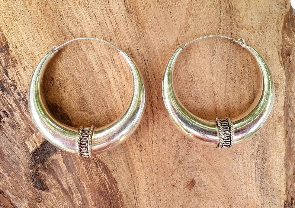 Extra Large Silver Tribal Hoop Earrings / Ear Weights / Ethnic / Rustic / Bohemian / Gypsy / Spiral / Hippie / Chunky / Festival / style