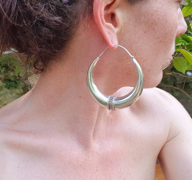 Extra Large Silver Tribal Hoop Earrings / Ear Weights / Ethnic / Rustic / Bohemian / Gypsy / Spiral / Hippie / Chunky / Festival / style