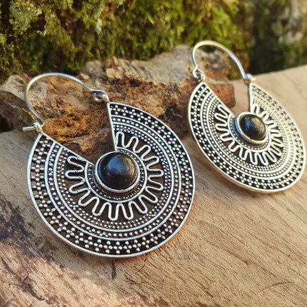 Ethnic Black Onyx Silver Hoop Earrings Ethnic, rustic, yoga, hippie, gypsy, pretty, psy, boho, bohemian, festival