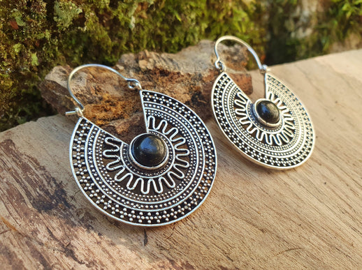 Ethnic Black Onyx Silver Hoop Earrings Ethnic, rustic, yoga, hippie, gypsy, pretty, psy, boho, bohemian, festival