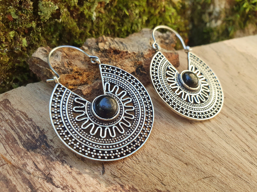 Ethnic Black Onyx Silver Hoop Earrings Ethnic, rustic, yoga, hippie, gypsy, pretty, psy, boho, bohemian, festival