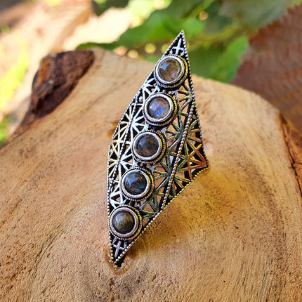 Labradorite Bague Géométrique Mandala / Argent / Triangle / Pointue étoile / Ethnique / Rustique / Quartz / Tribal / Gypsy / Boho