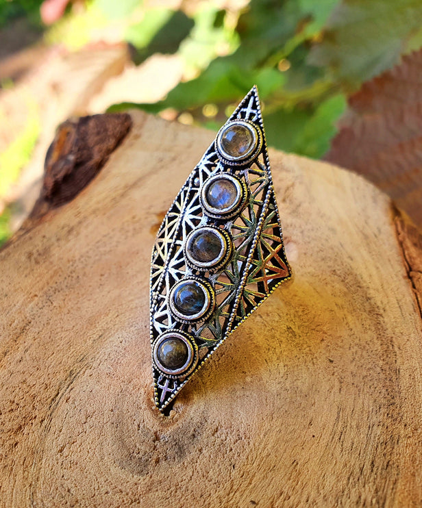 Labradorite Bague Géométrique Mandala / Argent / Triangle / Pointue étoile / Ethnique / Rustique / Quartz / Tribal / Gypsy / Boho