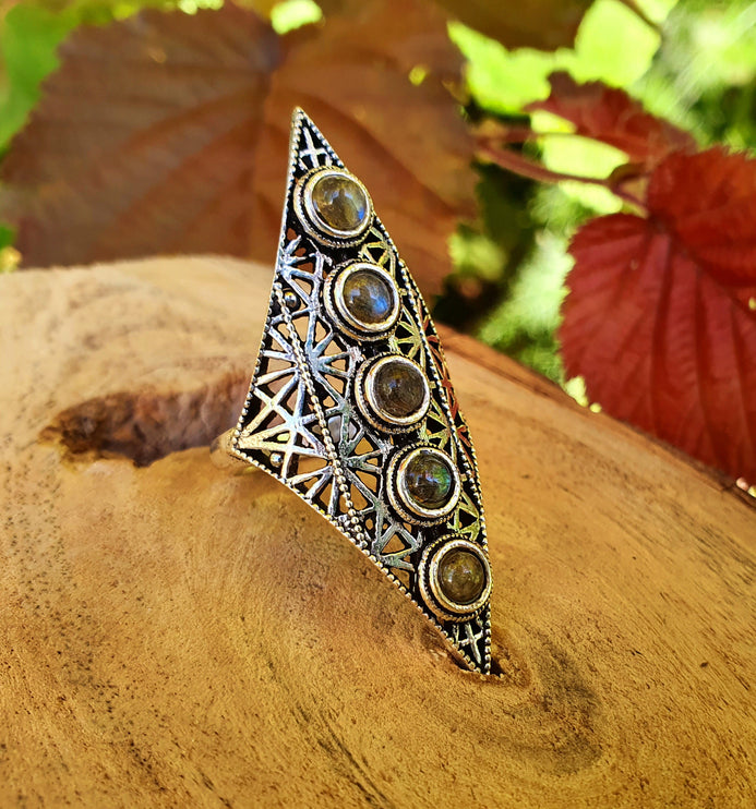 Labradorite Bague Géométrique Mandala / Argent / Triangle / Pointue étoile / Ethnique / Rustique / Quartz / Tribal / Gypsy / Boho