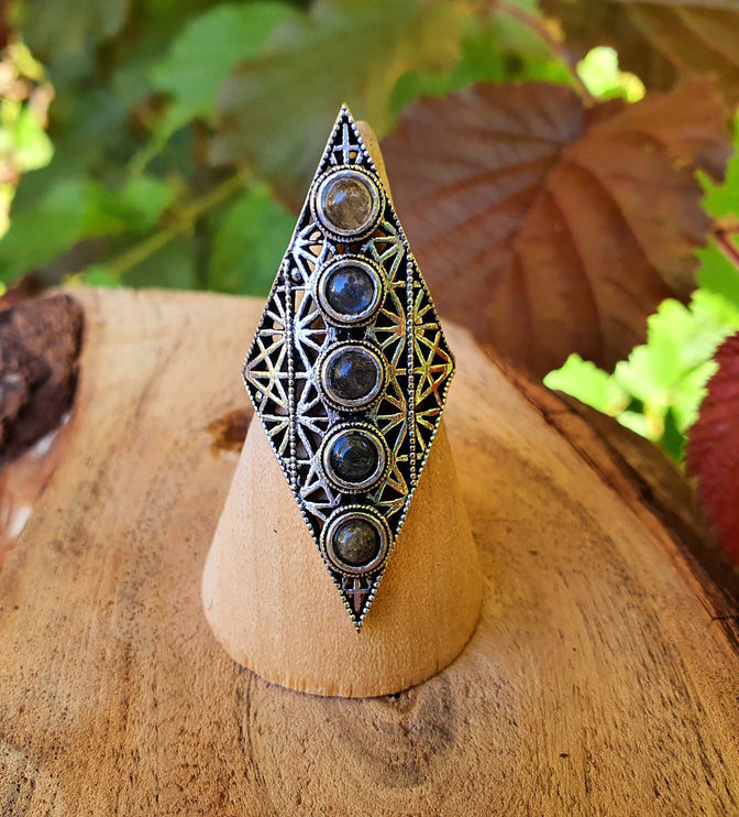 Labradorite Bague Géométrique Mandala / Argent / Triangle / Pointue étoile / Ethnique / Rustique / Quartz / Tribal / Gypsy / Boho