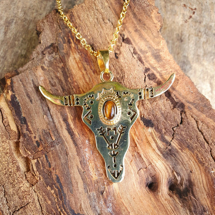 Golden Cow Necklace / Tiger Eye / Talisman / Native American / Third Eye / Hypoallergenic / Brass / Boho / Inca / Ethnic / Illuminati