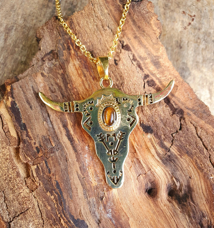 Golden Cow Necklace / Tiger Eye / Talisman / Native American / Third Eye / Hypoallergenic / Brass / Boho / Inca / Ethnic / Illuminati