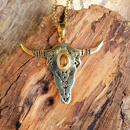 Golden Cow Necklace / Tiger Eye / Talisman / Native American / Third Eye / Hypoallergenic / Brass / Boho / Inca / Ethnic / Illuminati