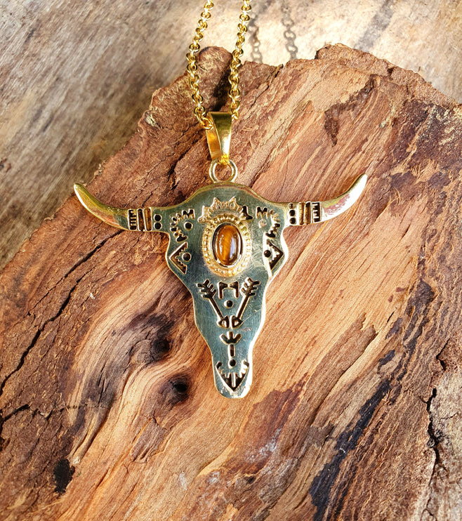 Golden Cow Necklace / Tiger Eye / Talisman / Native American / Third Eye / Hypoallergenic / Brass / Boho / Inca / Ethnic / Illuminati