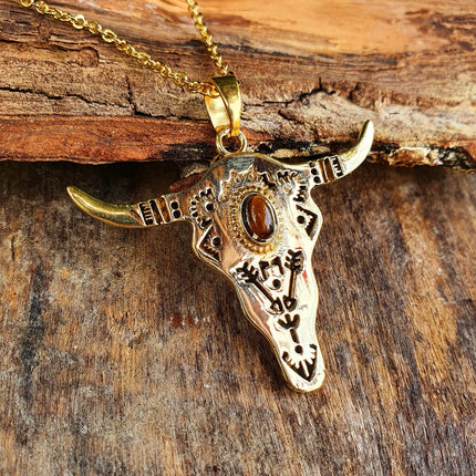 Golden Cow Necklace / Tiger Eye / Talisman / Native American / Third Eye / Hypoallergenic / Brass / Boho / Inca / Ethnic / Illuminati