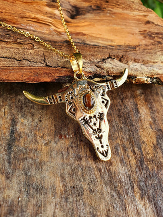 Golden Cow Necklace / Tiger Eye / Talisman / Native American / Third Eye / Hypoallergenic / Brass / Boho / Inca / Ethnic / Illuminati