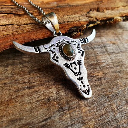 Silver Cow Necklace / Labradorite / Talisman / Native American / Third Eye / Hypoallergenic / Brass / Boho / Inca / Ethnic / Illuminati