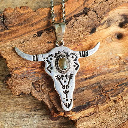 Silver Cow Necklace / Labradorite / Talisman / Native American / Third Eye / Hypoallergenic / Brass / Boho / Inca / Ethnic / Illuminati