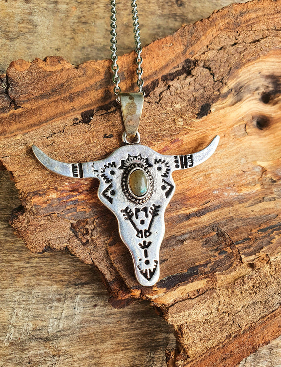 Silver Cow Necklace / Labradorite / Talisman / Native American / Third Eye / Hypoallergenic / Brass / Boho / Inca / Ethnic / Illuminati