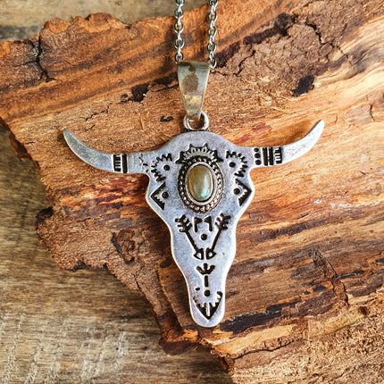 Silver Cow Necklace / Labradorite / Talisman / Native American / Third Eye / Hypoallergenic / Brass / Boho / Inca / Ethnic / Illuminati