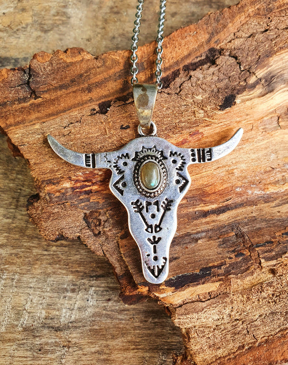 Silver Cow Necklace / Labradorite / Talisman / Native American / Third Eye / Hypoallergenic / Brass / Boho / Inca / Ethnic / Illuminati