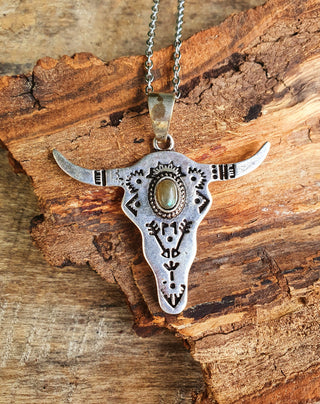 Silver Cow Necklace / Labradorite / Talisman / Native American / Third Eye / Hypoallergenic / Brass / Boho / Inca / Ethnic / Illuminati