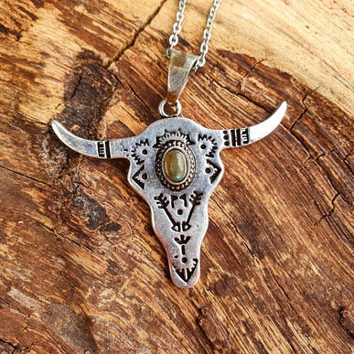 Silver Cow Necklace / Labradorite / Talisman / Native American / Third Eye / Hypoallergenic / Brass / Boho / Inca / Ethnic / Illuminati