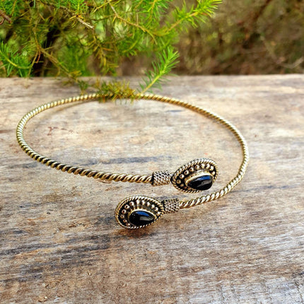 Bracelet de Bras Onyx Noir Laiton / Hauteur de Bras / Spirale Jonc Boho / Laiton / Bijou Corps / Tribal / Rustique / Ethnique / Bohème /