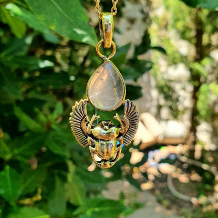 Quartz Rose Collier Scarabée / Laiton / Talisman / Chaine Hypoallergénique / Acier Inoxydable / Bohème / Ethnique