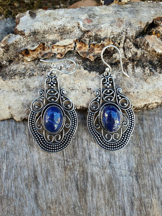 Large Lapis Lazuli Silver Drop Dangle earrings / Birth Stone / Ethnic / rustic, yoga, hippie, gypsy, pretty, psy, boho, bohemian, festival