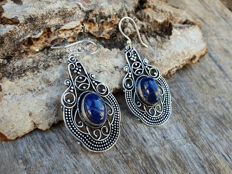 Large Lapis Lazuli Silver Drop Dangle earrings / Birth Stone / Ethnic / rustic, yoga, hippie, gypsy, pretty, psy, boho, bohemian, festival