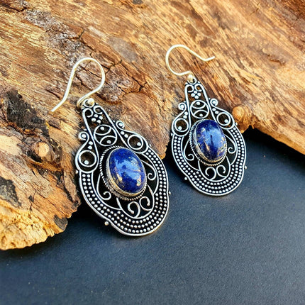 Large Lapis Lazuli Silver Drop Dangle earrings / Birth Stone / Ethnic / rustic, yoga, hippie, gypsy, pretty, psy, boho, bohemian, festival