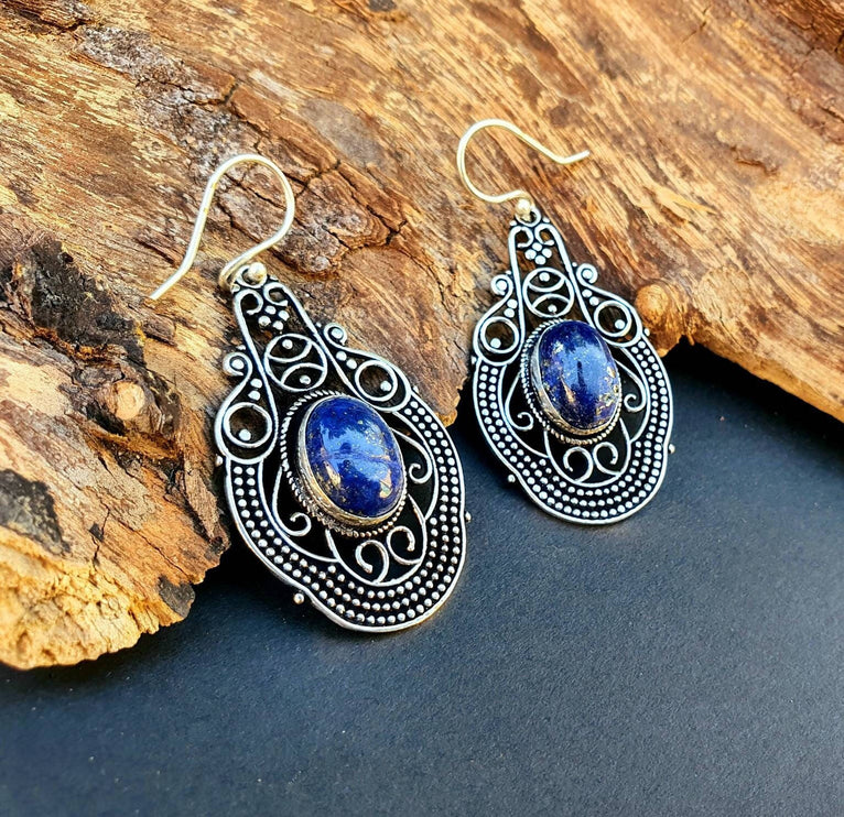 Large Lapis Lazuli Silver Drop Dangle earrings / Birth Stone / Ethnic / rustic, yoga, hippie, gypsy, pretty, psy, boho, bohemian, festival