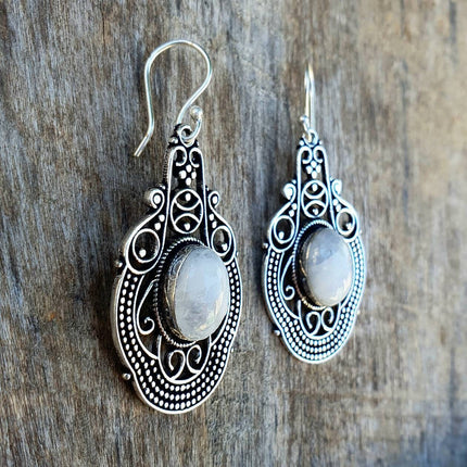 Large Moonstone Silver Drop Dangle earrings / Birth Stone / Ethnic / rustic, yoga, hippie, gypsy, pretty, psy, boho, bohemian, festival