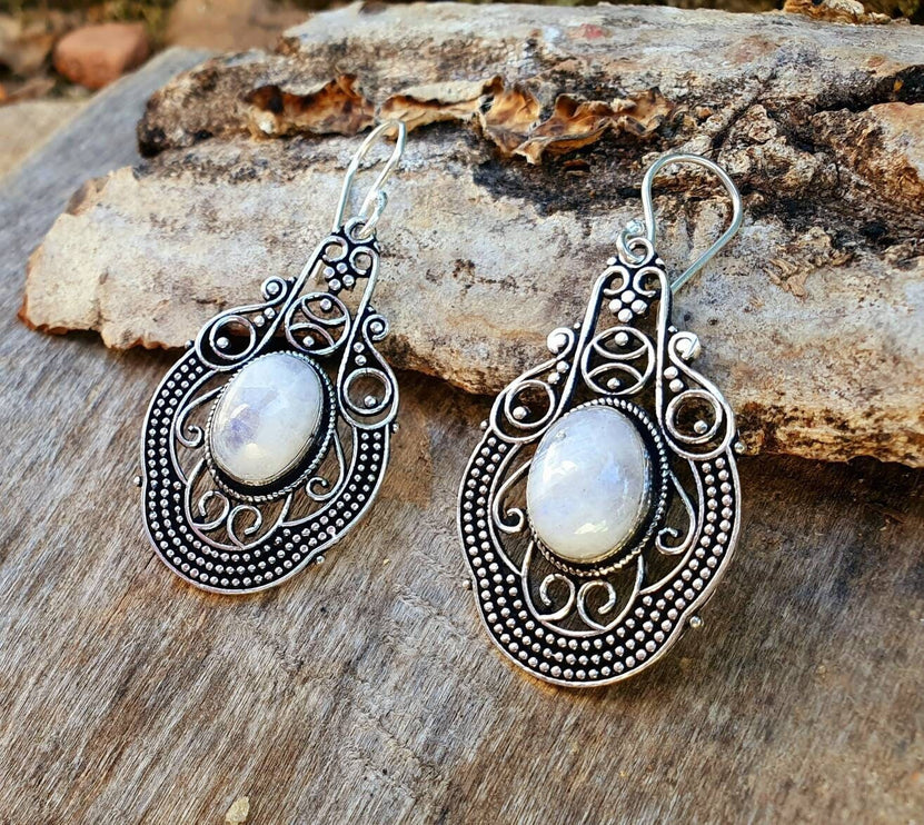 Large Moonstone Silver Drop Dangle earrings / Birth Stone / Ethnic / rustic, yoga, hippie, gypsy, pretty, psy, boho, bohemian, festival