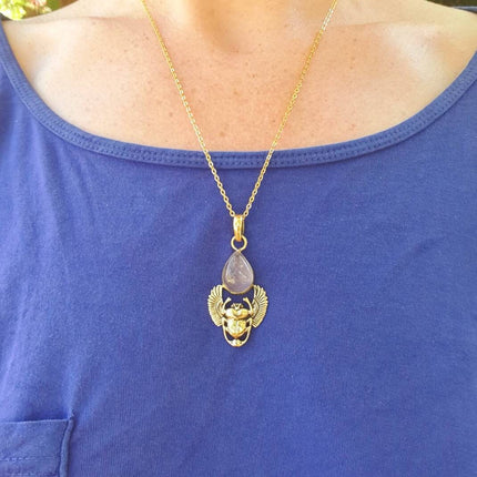 Quartz Rose Collier Scarabée / Laiton / Talisman / Chaine Hypoallergénique / Acier Inoxydable / Bohème / Ethnique