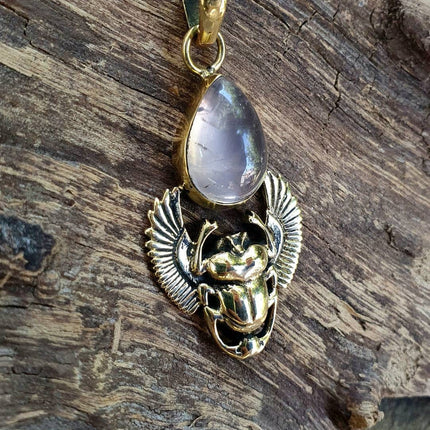 Quartz Rose Collier Scarabée / Laiton / Talisman / Chaine Hypoallergénique / Acier Inoxydable / Bohème / Ethnique