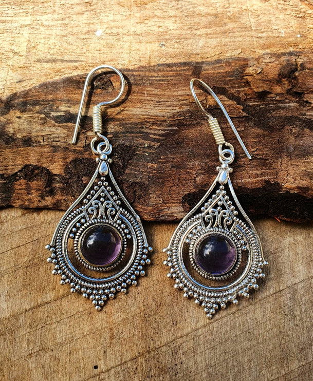 Amethyst Dangle earrings Silver Drop / Birth Stone / Ethnic / rustic, yoga, hippie, gypsy, pretty, psy, boho, bohemian, festival