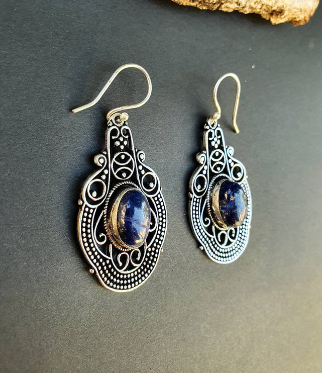 Large Lapis Lazuli Silver Drop Dangle earrings / Birth Stone / Ethnic / rustic, yoga, hippie, gypsy, pretty, psy, boho, bohemian, festival