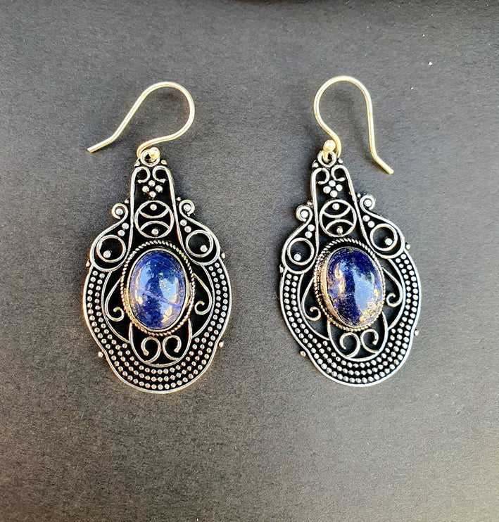 Large Lapis Lazuli Silver Drop Dangle earrings / Birth Stone / Ethnic / rustic, yoga, hippie, gypsy, pretty, psy, boho, bohemian, festival