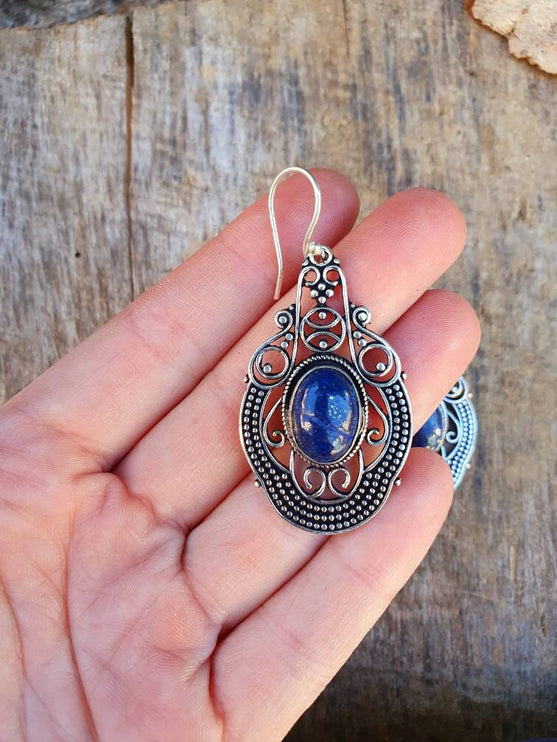 Large Lapis Lazuli Silver Drop Dangle earrings / Birth Stone / Ethnic / rustic, yoga, hippie, gypsy, pretty, psy, boho, bohemian, festival