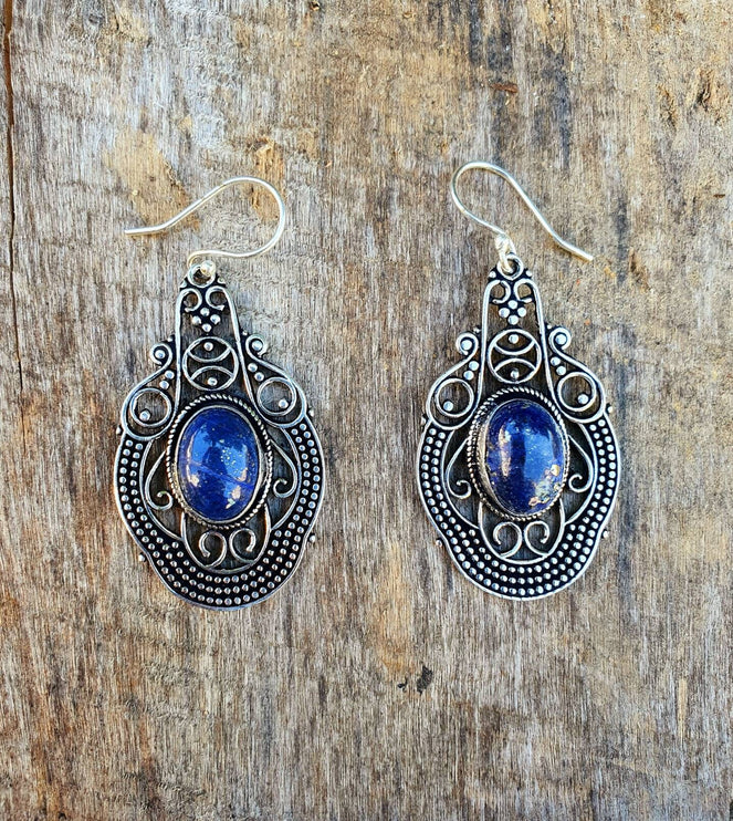 Large Lapis Lazuli Silver Drop Dangle earrings / Birth Stone / Ethnic / rustic, yoga, hippie, gypsy, pretty, psy, boho, bohemian, festival