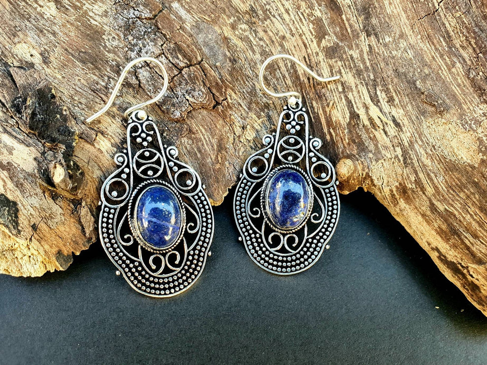 Large Lapis Lazuli Silver Drop Dangle earrings / Birth Stone / Ethnic / rustic, yoga, hippie, gypsy, pretty, psy, boho, bohemian, festival