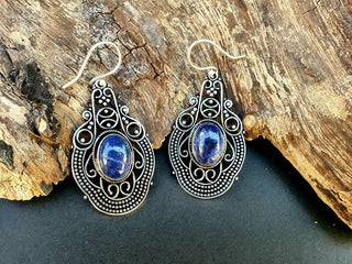 Large Lapis Lazuli Silver Drop Dangle earrings / Birth Stone / Ethnic / rustic, yoga, hippie, gypsy, pretty, psy, boho, bohemian, festival