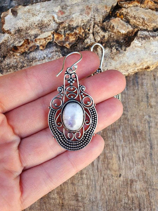 Large Moonstone Silver Drop Dangle earrings / Birth Stone / Ethnic / rustic, yoga, hippie, gypsy, pretty, psy, boho, bohemian, festival