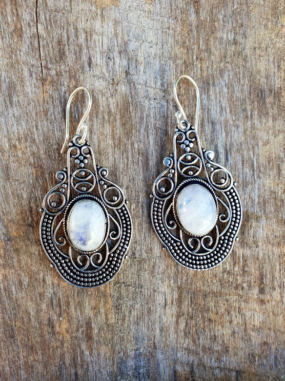 Large Moonstone Silver Drop Dangle earrings / Birth Stone / Ethnic / rustic, yoga, hippie, gypsy, pretty, psy, boho, bohemian, festival