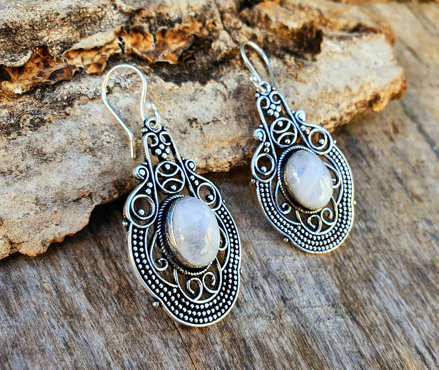 Large Moonstone Silver Drop Dangle earrings / Birth Stone / Ethnic / rustic, yoga, hippie, gypsy, pretty, psy, boho, bohemian, festival