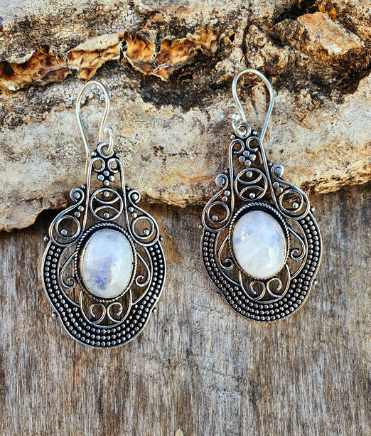 Large Moonstone Silver Drop Dangle earrings / Birth Stone / Ethnic / rustic, yoga, hippie, gypsy, pretty, psy, boho, bohemian, festival