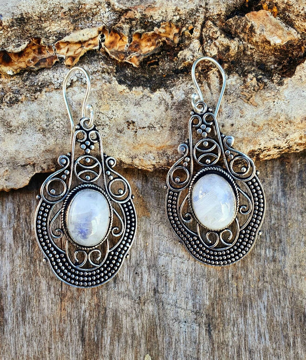 Large Moonstone Silver Drop Dangle earrings / Birth Stone / Ethnic / rustic, yoga, hippie, gypsy, pretty, psy, boho, bohemian, festival