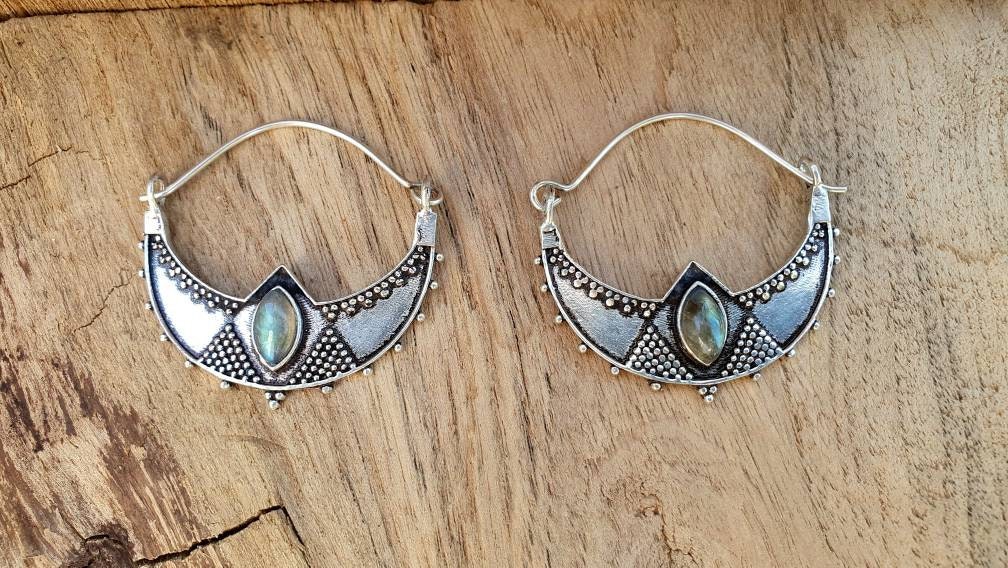 Silver Ethnic Labradorite Earrings Ethnic, Blue Stone , rustic, yoga, hippie, gypsy, pretty, psy, boho, bohemian, festival