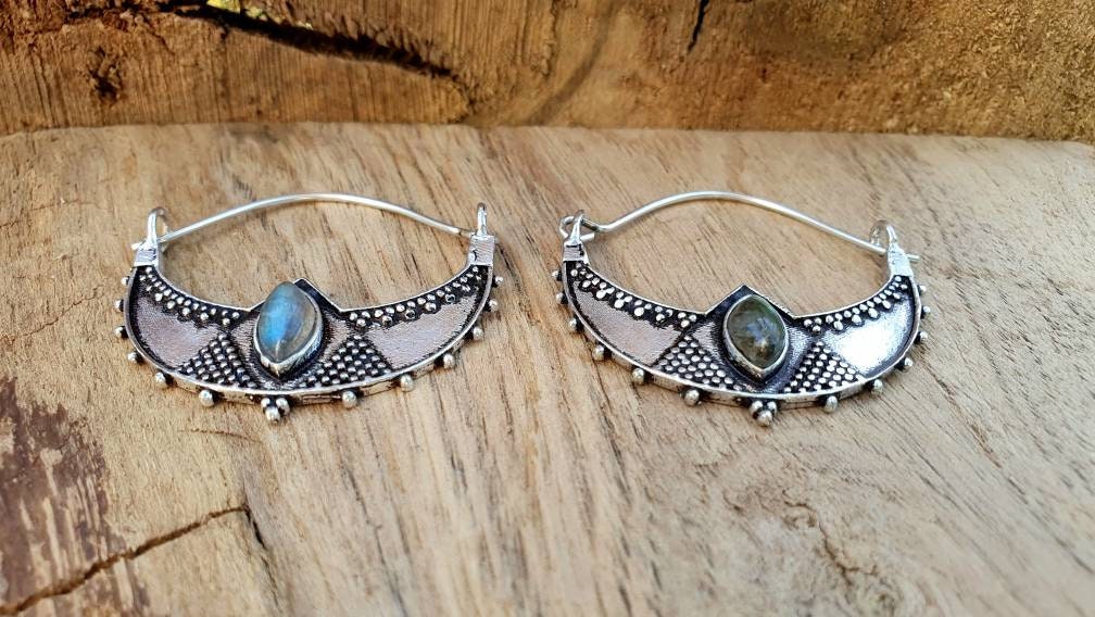 Silver Ethnic Labradorite Earrings Ethnic, Blue Stone , rustic, yoga, hippie, gypsy, pretty, psy, boho, bohemian, festival